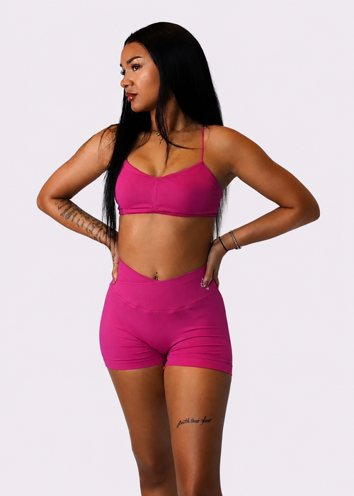 gym wear activewear set consisting of a sports bra and high-waisted gym shorts, aura clothing Elevate V Shorts in Hottie